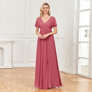 Robe longue en mousseline de haute qualité, coupe trapèze, col en V, élégante, fendue, pour bal de promo, mariage, demoiselle d'honneur, décorée de dentelle - Product Image 4