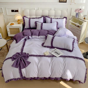 Parure <span class=keywords><strong>de</strong></span> <span class=keywords><strong>lit</strong></span> <span class=keywords><strong>de</strong></span> luxe 4 pièces en coton lavé, housse <span class=keywords><strong>de</strong></span> couette contrastée jaune et noir avec volants et nœuds décoratifs pour chambre à coucher - Product Image 4