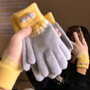 Gants en tricot jacquard en peluche bleue, longueur poignet, cinq doigts, pour femmes, hiver, chauds, mignons, doublés de polaire, épais, cyclisme, anti-froid - Product Image 2