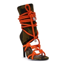 Bottines courtes à lacets en corde camouflage pour femmes, fermeture éclair arrière, lacets noués, bottines à talons fins, sandales à talons aiguilles