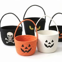 Panier citrouille rond en corde de coton tressée à la main pour enfants, idéal pour Halloween, décoration de fête portable et rangement de bonbons, panier cadeau