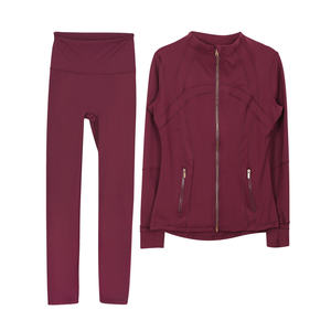 Solid Color Women's <b>Yoga</b> <b>Jacket</b> and Leggings Set in Pink, Beige, and Purple with Zipper Front and Side Pockets - Product Image 3