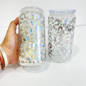 Lot de 50 <span class=keywords><strong>verres</strong></span> <span class=keywords><strong>à</strong></span> <span class=keywords><strong>bière</strong></span> en verre imprimé léopard de 16oz avec couvercles tasse <span class=keywords><strong>à</strong></span> café avec Straw-16BW002 en plastique transparent - Product Image 4