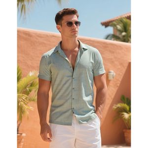 Chemise décontractée en lin à manches courtes boutonnée pour homme FOXA – Respirante, idéale pour l'été, la plage, les mariages et les vacances - Product Image 6