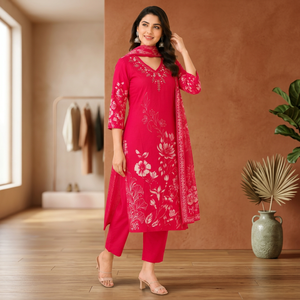 Pink Floral Printed Straight Kurta Pant <b>Dupatta</b> Set for Women with Embroidered Neckline Festive and Traditional Ethnic Wear - Product Image 6