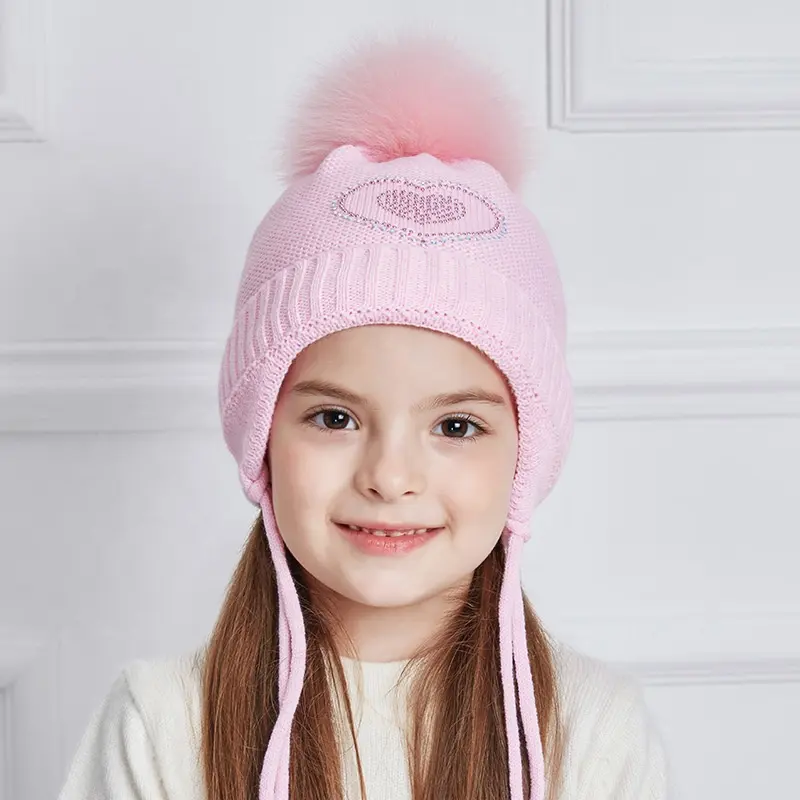 Stock Winter Girls Kids Knitted Hats With Natural Fur Pompom Cute Rhinestone Toddler Ear Flap Beanies Wholesale Warm Child Hat