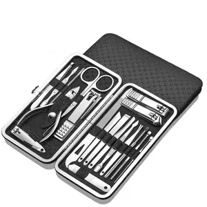 Ensemble professionnel de manucure et pédicure en acier inoxydable, kit de coupe-ongles, ciseaux, outil de beauté avec sac en PU, 19 pièces