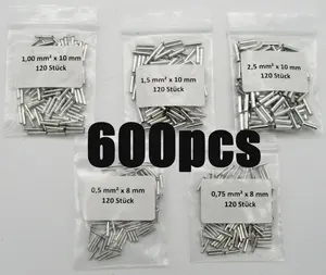 600 peças de terminais de cabo com combinação de terminal desencapado tipo tubo, variedade de 0.5/0.75/1.0/1.5/2.5mm 2 sem isolamento em branco