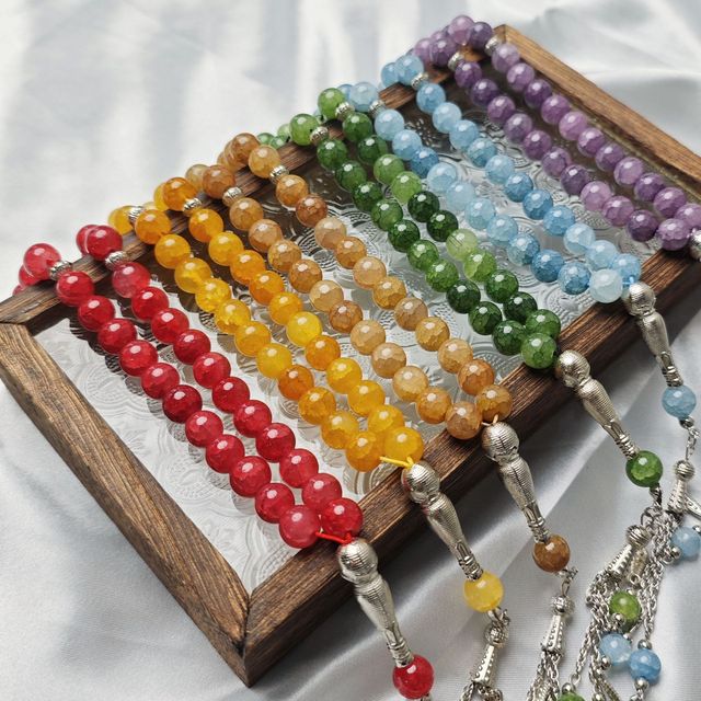 10mm 33 Muslim Glass Beads Rosary Bracelet with Tassel, Colorful Crack Beads Prayer Rosary Islamic Bracelet