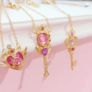 Collares de piedras preciosas rosas dulces de estilo japonés para mujeres y niñas amor corazón alas varita mágica colgante collar joyería