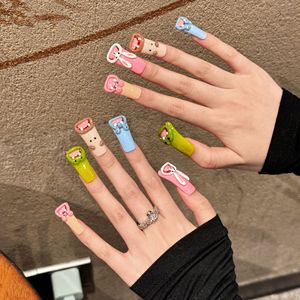 Prix de gros de haute qualité Dessin animé drôle Ongle à dessin coloré Long Coffin Imprimé bâton sur les ongles faux ongles - Product Image 2