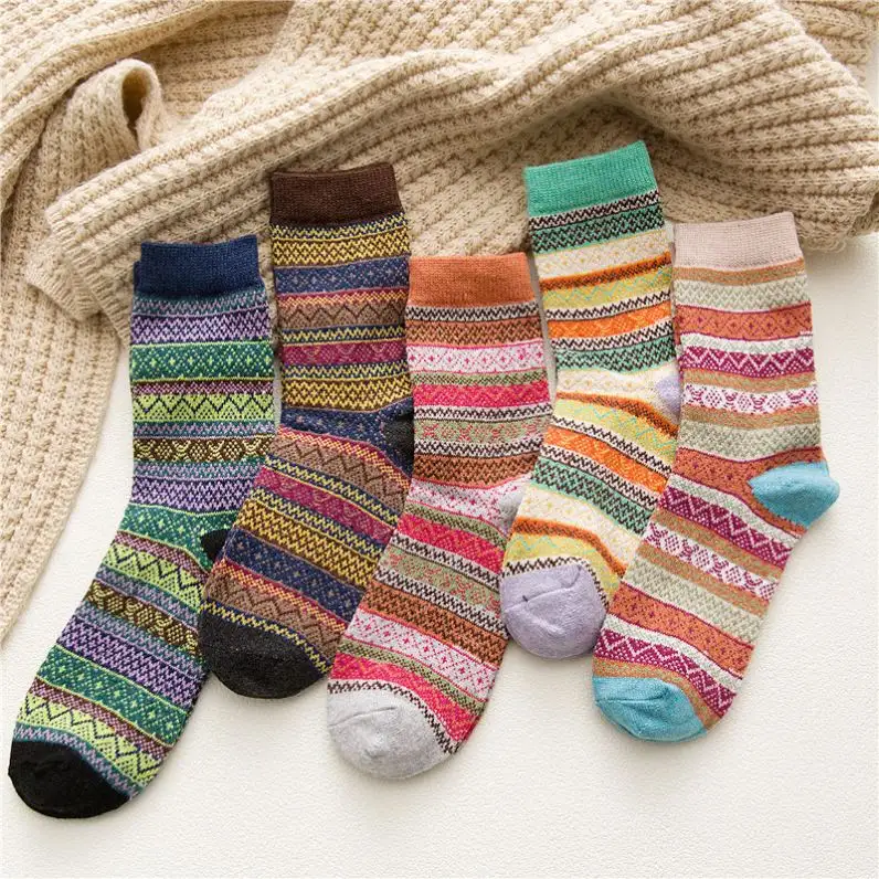 Custom Embroidery logo winter woman wool socks ethnic style totem striped socks