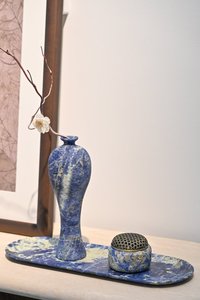 Jarrón de mármol azul boliviano hecho a mano de primera calidad, decoración artística elegante para sala de estar y dormitorio - Product Image 4