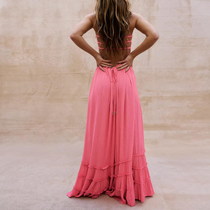 Abito da donna personalizzabile stile bohémien con volant all'americana Maxi abito lavabile con corpetto a forma di schienale lungo stile da spiaggia - Product Image 4