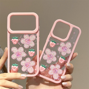 เคสโทรศัพท์มือถือลายการ์ตูนดอกไม้สตรอว์เบอร์รี่สำหรับ iPhone 17 Air 16 15 14 Pro Max ลายแมว KT เรซิ่น 3 มิติ น่ารัก โบว์ DIY ฝาหลังใส - Product Image 1