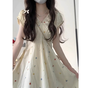 French Retro Puff Sleeve V-Neck Floral <b>Dress</b> <b>Elastic</b> Waist Breathable Daily Casual Maxi <b>Dress</b> For Women - Product Image 2