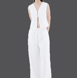 Enyami Tank top tanpa lengan wanita, set 2 potong rompi kerah V warna polos tanpa lengan dasi depan Linen untuk wanita - Product Image 1