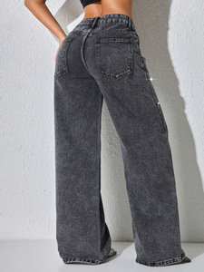 <span class=keywords><strong>Jean</strong></span> en denim délavé à strass <span class=keywords><strong>pour</strong></span> femmes européennes et américaines, <span class=keywords><strong>grande</strong></span> <span class=keywords><strong>taille</strong></span>, <span class=keywords><strong>taille</strong></span> basse, coupe droite ample avec boutons - Product Image 5