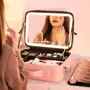 Nova Chegada Personalizado PU De Couro Portátil De Viagem Dimmable Levou Maquiagem Saco Cosmético Caso com Led Espelho caixa led inteligente