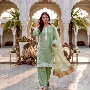 Ensemble Salwar Kameez vert menthe pour femme, broderie florale en dentelle, coupe ample, longueur genou, haut tissé, tenue pakistanaise - Product Image 1