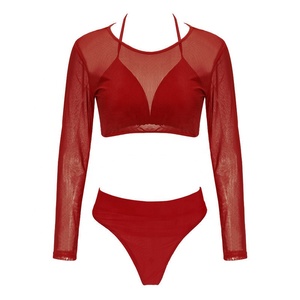 Baju Renang 3 piezas conjunto Sexy manga larga de malla Bikini de <span class=keywords><strong>granadina</strong></span> cubierta para las mujeres Badeanzug - Product Image 4