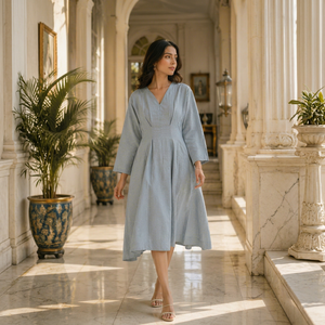Vestido Midi de Algodón Puro Transpirable, Manga Larga, Plisado, Corte Ajustado, para Mujer, Elegante, Sencillo, para Fiesta, Cuello en V, Ecológico, Moderno, Natural - Product Image 1
