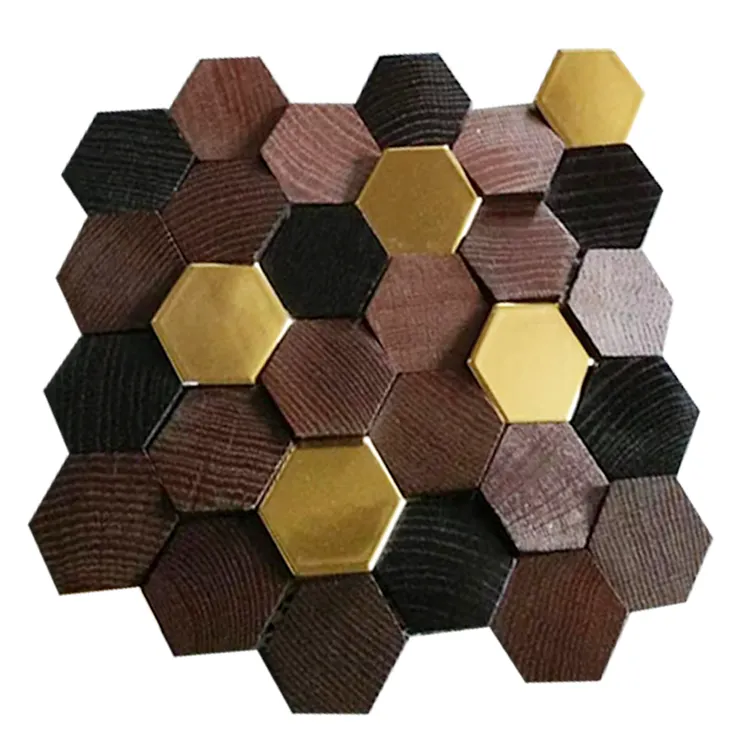 Heksagonal Disambung Warna-warni Dilapisi Keramik 3d Dinding Panel Interior Padat Oak Dinding Panel