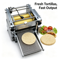 Machine automatique de fabrication de tortillas de maïs, crêpes, blinis, produits mexicains, roti, chapati, pain plat, galettes, presse à pain et céréales