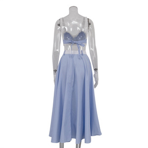 Women's Lace Trim Blue <strong>White</strong> Stripe <strong>Camisole</strong> and Skirt 2 Piece Vacation Outfits Sets - Product Image 3