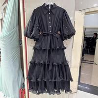 Nouvelle Robe Plissée Vintage Mi-Longue en Polyester avec Manches Lanterne et Jupe Parapluie, Grande Taille, Couleur Unie pour Femme