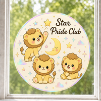 Autocollants personnalisés imperméables en PVC vinyle, motif lion et étoile Kawaii, autocollant décoratif électrostatique imprimé UV pour fenêtre et mur en verre