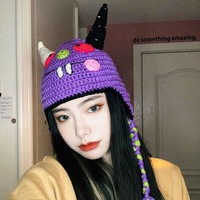 PARTYMENT, gorro de demonio de Halloween hecho a mano para mujer, divertido gorro de ganchillo, cuerno, Bola de ojo, pequeño monstruo, gorro de punto decorativo