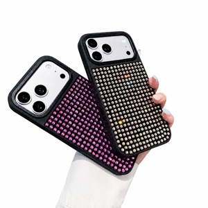 Coque de téléphone noire en strass pour <span class=keywords><strong>iPhone</strong></span> 17 Pro Max 16 15 <span class=keywords><strong>14</strong></span> 13 12, coque PC de luxe ornée de cristaux et de bijoux, vente en gros personnalisée - Product Image 1