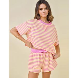 FOXA Striped <b>2</b> <b>Piece</b> Set Women Summer Short Sleeve Top And Shorts Lounge Wear Casual Matching Outfits Breathable Knitted - Product Image 3