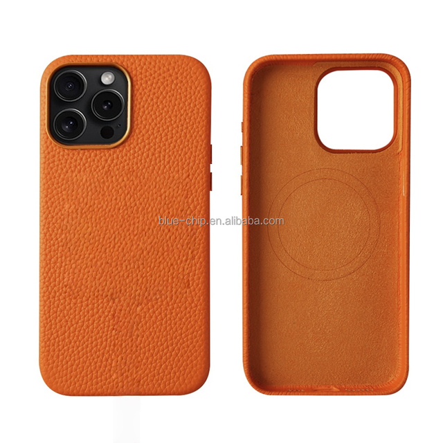 Premium Full Coverage Lichee Pattern Genuine Leather Magnetic Phone Case With Metal Camera Lens Frame for Iphone 17 16 Pro Max