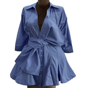 Moda Europea y Americana para Mujer, Verano 2026, Nuevo Estilo, Camisa Irregular con Cuello, Rayas Azules y Blancas, y Cintura Ajustable - Product Image 5