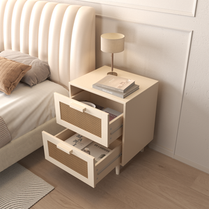 Rattan Nightstand With <b>2</b> Faux Rattan <b>Drawers</b> Bedside Table Wood Accent Table - Product Image 6