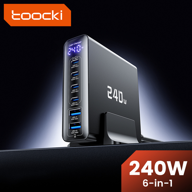 Toocki 240W GaN 6-Port Desktop Charging Station with Smart Display PD 3.1 Fast Charging for Home Office Laptop Mobile Devices