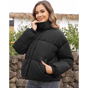 Womens Cropped Puffer Jacket Zip Up Stand Collar Lightweight <b>Quilted</b> Winter Warm Coat With Pockets - Product Image 4