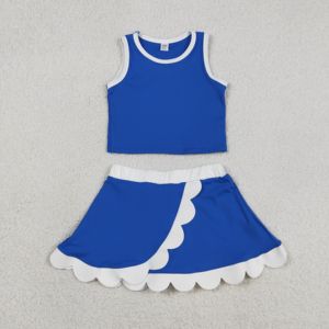 ชุดเด็กผู้หญิง GSD4023 rts Little Active Girl สีน้ำเงินลายตารางขาว แต่งขอบหยัก ชุดขายส่ง เสื้อแขนกุด กระโปรง ชุดโยคะ - Product Image 3
