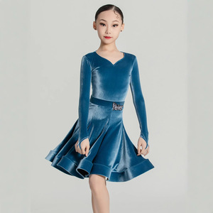 Robe de concours de danse latine en velours brillant pour filles, manches longues, <span class=keywords><strong>col</strong></span> en V, costume de danse de salon extensible pour Tango, Salsa, Rumba, Samba - Product Image 3