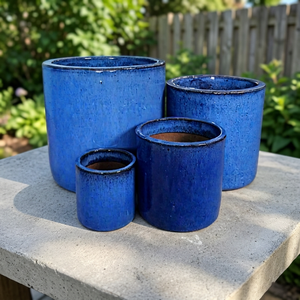 Modern Glazed <b>Clay</b> Cylinder Flower Pots <b>Set</b> Blue Circular Pattern Floor Outdoor Garden Planters Drainage Hole DAIPHONGLAN - Product Image 3