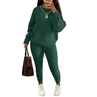 Ensemble tricoté pour femme : Haut à manches longues et pantalon large en polyester – Tenue décontractée deux pièces pour l'automne et l'hiver – Vente en gros