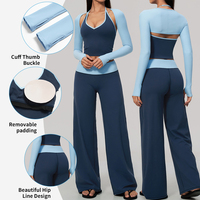 Nouvel ensemble 3 pièces de tenue de yoga style col en V, dos nu, blocs de couleur, taille haute, contrôle du ventre, manches longues