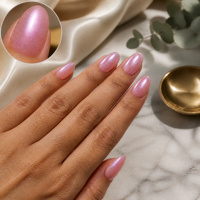 Faux ongles à presser personnalisés rose poudré effet œil de chat, forme amande, en soie, gel brillant chromé, irisé, vente en gros OEM