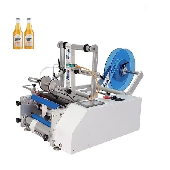 semi automatic desktop sticking labeling machine for round cosmetic water juice small plastic glass bottle manual