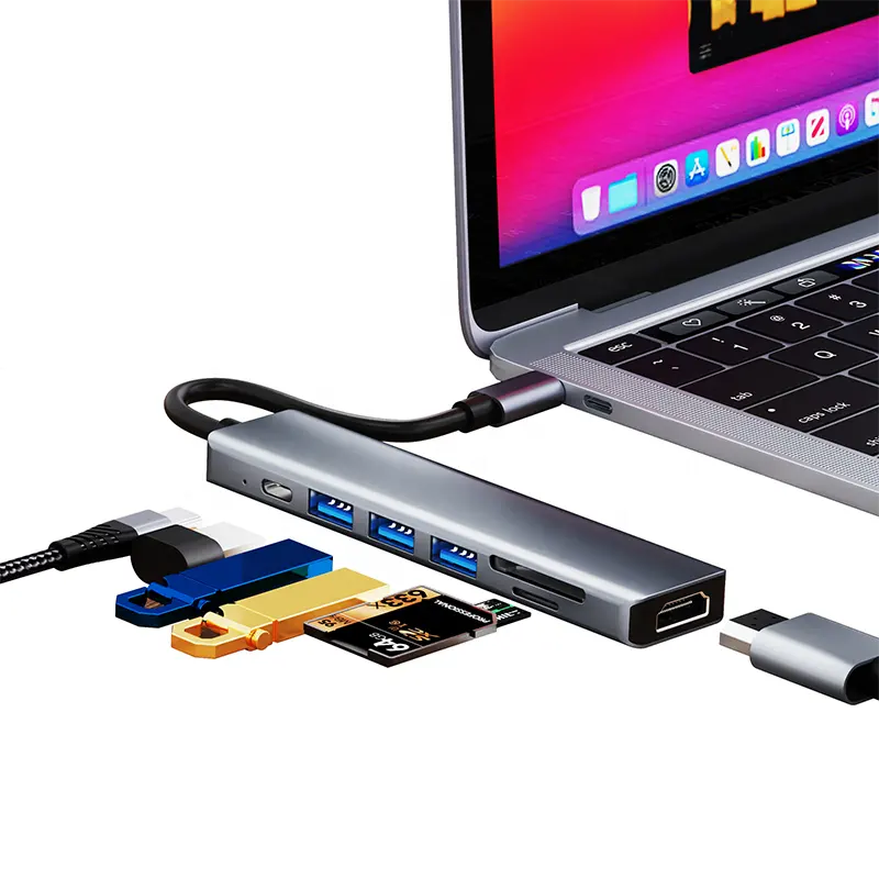 Aluminium 7 Port USB Hub SD Card Reader OTG USB 3.0 Hub 4K HDTV Type C Hub Adapter for Macbook Laptop Docking Station