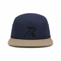 Casquette de camping à 5 panneaux avec visière plate bicolore en tissu fin et lisse, logo personnalisé imprimé, idéale pour le jogging quotidien et les excursions en camping