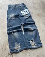 Streetwear Jeans en Denim Lavé Vintage de Haute Qualité, Logo Personnalisé, Ample, Bleu, Fortement Détruit, Jambes Larges pour Hommes