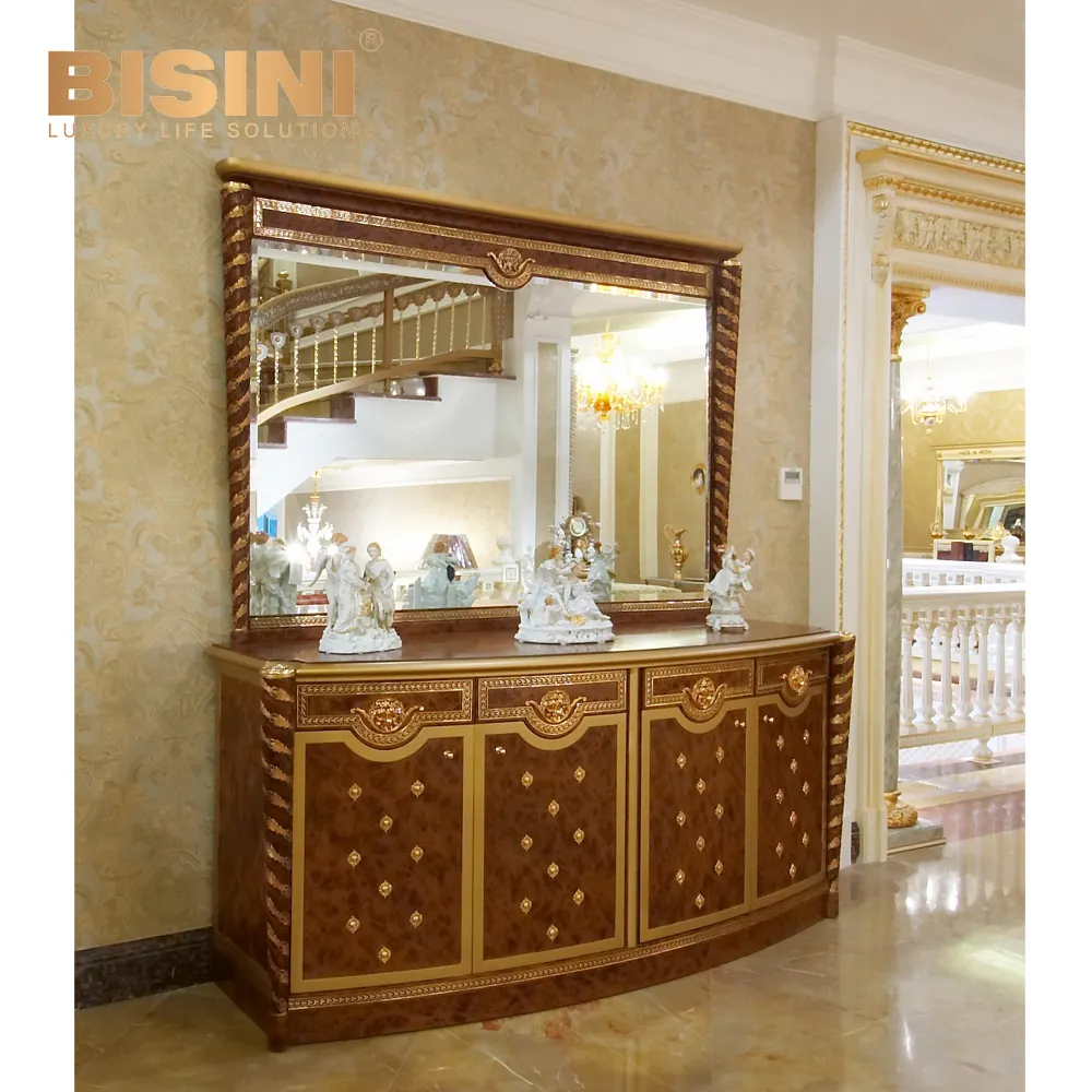 French Louis Brown Và Golden Buffet Sideboard Phòng Ăn Tủ Gỗ Rắn Với Gương